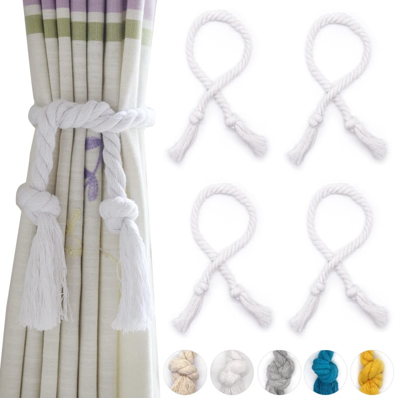 Yteseery 4 Pack Curtain Ties Rope, Outdoor Curtain Tiebacks, Natural Cotton Curtain Holders, Village Rural Rustic Curtain Holdbacks, Nautical Curtain TieBacks for Patio Drapery Pergola Drapes, White - Image 1